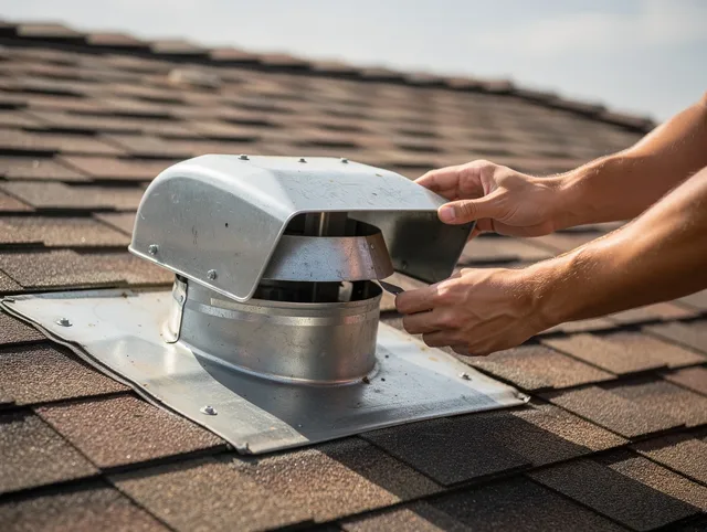 Ledyard Dryer Vent Cleaning certified technician safely cleaning a roof-mounted dryer vent in Ledyard
