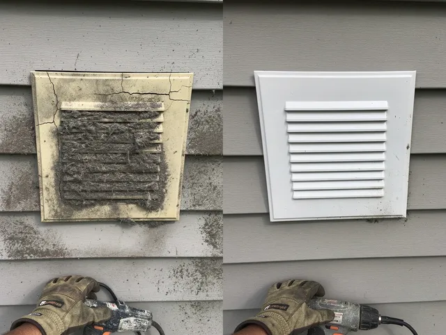 Ledyard Dryer Vent Cleaning technician installing high-quality dryer vent cover at a residential property in Ledyard