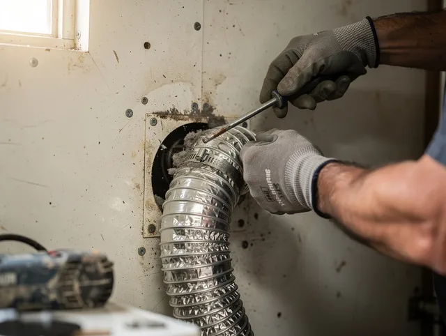Ledyard Dryer Vent Cleaning technician performing precise dryer vent hose installation in Ledyard
